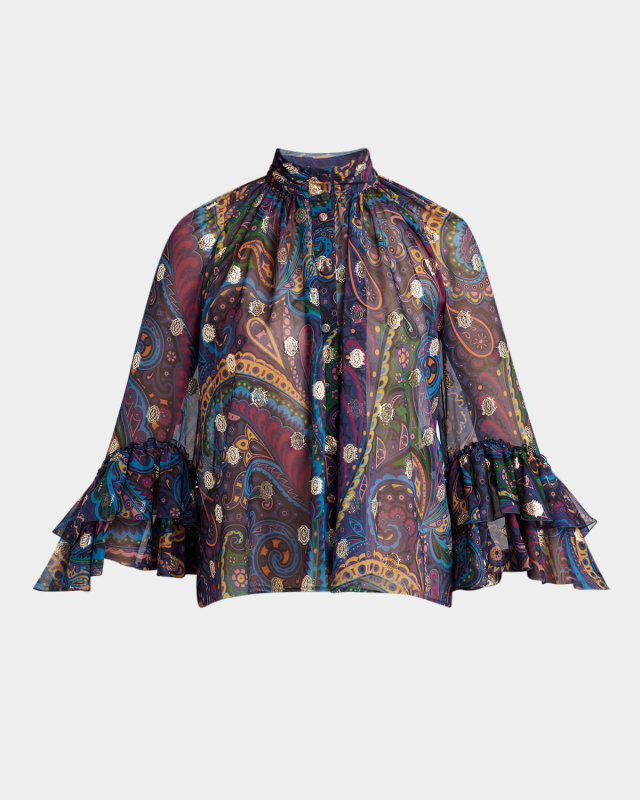 Emerald Paisley Ruffle Fil Coupe Blouse